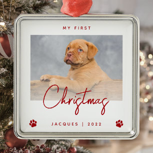 Ornement Carré Argenté Jolie photo de chiot Noël 1er Paw Prints Rouge