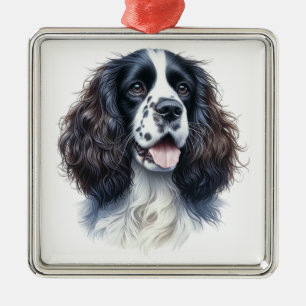 ORNEMENT CARRÉ ARGENTÉ JOLIE WATERCOLOR ANGLAIS SPRINGER ESANIEL CHIEN