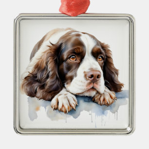 ORNEMENT CARRÉ ARGENTÉ JOLIE WATERCOLOR ANGLAIS SPRINGER ESANIEL CHIEN