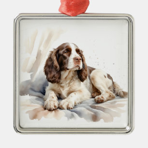 ORNEMENT CARRÉ ARGENTÉ JOLIE WATERCOLOR ANGLAIS SPRINGER ESANIEL CHIEN