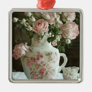 Ornement Carré Argenté Jolies roses roses en Chine antique Vintage Teapot