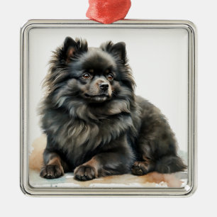 ORNEMENT CARRÉ ARGENTÉ JOLIMENT NOIR FLUFY POMERANIAN PUPPY CHIEN
