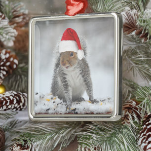Ornement Carré Argenté Jolly Squirrel with Santa Hat Square Ornament