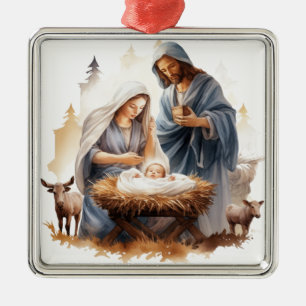 ORNEMENT CARRÉ ARGENTÉ JOSEPH MARIE ENFANT JESUS NOEL RELIGIEUX