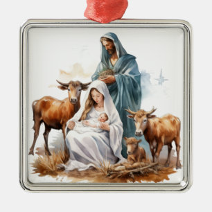 ORNEMENT CARRÉ ARGENTÉ JOSEPH MARY BÉBÉ JÉSUS CHRISTMAS RELIGIEUX