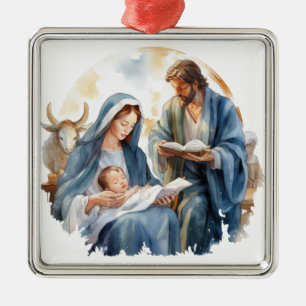 ORNEMENT CARRÉ ARGENTÉ JOSEPH MARY BÉBÉ JÉSUS CHRISTMAS RELIGIEUX