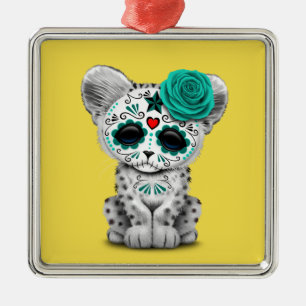 Ornement Carré Argenté Jour bleu du léopard de neige mort de crâne de