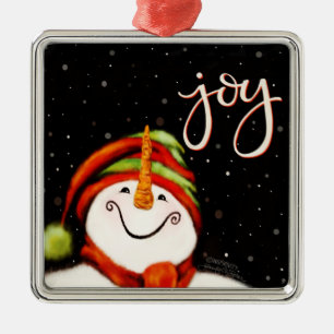 Ornement Carré Argenté Joy Cute Souriant Snowman Inspiriity Noël