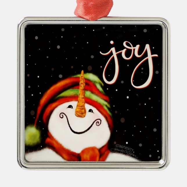 Ornement Carré Argenté Joy Cute Souriant Snowman Inspiriity Noël (Devant)