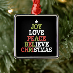 Ornement Carré Argenté Joy Love Peace Believe Christmas Tree Family