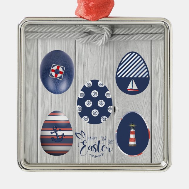 Ornement Carré Argenté Joyeuses Pâques Thème Naudique Côté Bateau (Devant)