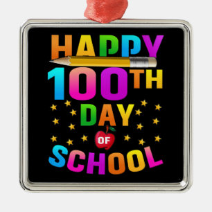 Ornement Carré Argenté Joyeux 100e jour d'école pour enseignants et étudi