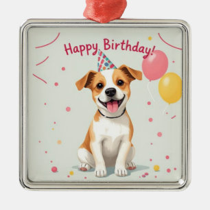 Ornement Carré Argenté Joyeux Anniversaire Chien avec Chapeau de Fête & B