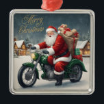 Ornement Carré Argenté Joyeux Cool de Noël Vintage Père Noël sur moto<br><div class="desc">Père Noël vintage</div>
