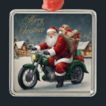 Ornement Carré Argenté Joyeux Cool de Noël Vintage Père Noël sur moto<br><div class="desc">Père Noël vintage</div>