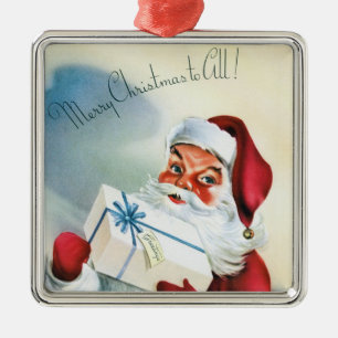 Ornement Carré Argenté Joyeux Noël à tous (Père Noël Vintage)