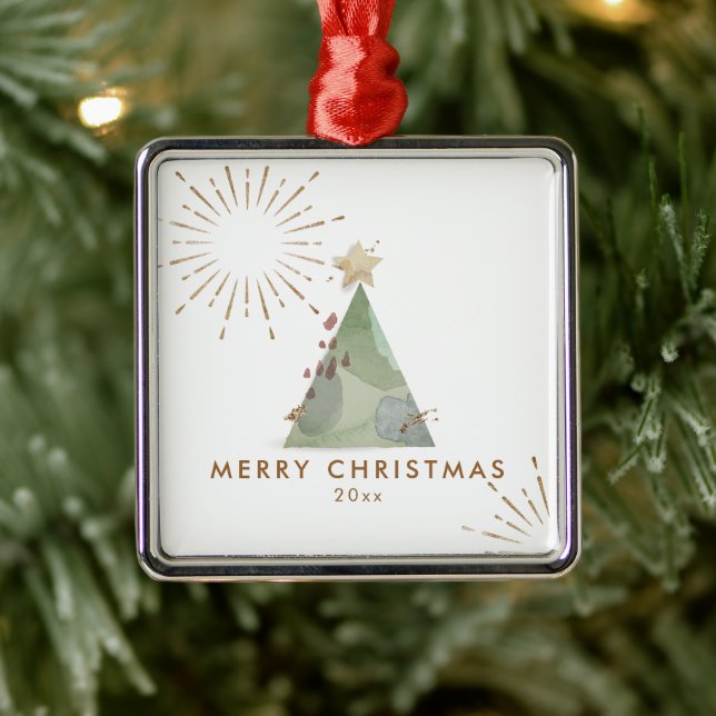 Ornement Carré Argenté Joyeux Noël Aquarelle Arbre de Noël (Arbre)