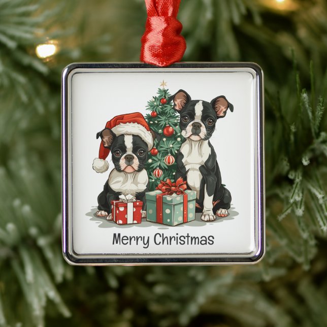 Ornement Carré Argenté Joyeux Noël Boston Terrier Chiens (Arbre)