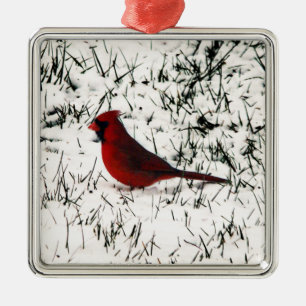 Ornement Carré Argenté Joyeux Noël Cardinal