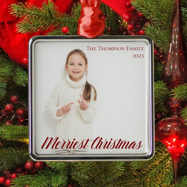 Ornement Carré Argenté Joyeux Noël Chic Rouge Script superposition photo (Créateur téléchargé)