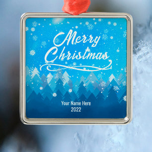 Ornement Carré Argenté Joyeux Noël de la Forêt de Neige Bleue