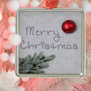 Ornement Carré Argenté Joyeux Noël écrit dans la neige