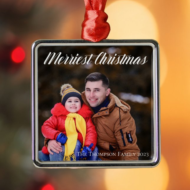 Ornement Carré Argenté Joyeux Noël Elegant White Script Photo (Créateur téléchargé)