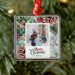 Ornement Carré Argenté Joyeux Noël Famille Photo Pin cône Rustique