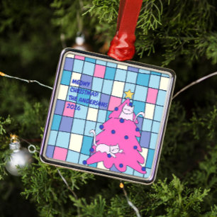 Ornement Carré Argenté Joyeux Noël Fête de Chat