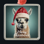 Ornement Carré Argenté Joyeux Noël Funky Mignonne Lllama Alpaca Santa Hat<br><div class="desc">Joyeux Noël Funny Mignonne Lllama Alpaca Santa Hat Ferme de vacances Animaux</div>