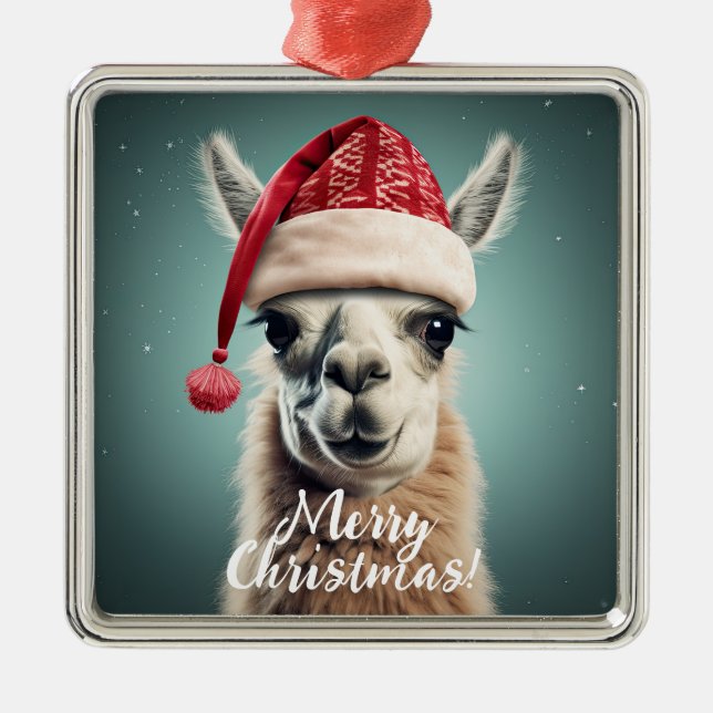 Ornement Carré Argenté Joyeux Noël Funky Mignonne Lllama Alpaca Santa Hat (Devant)
