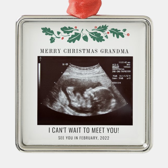Ornement Carré Argenté Joyeux Noël Grossesse Ultrasound Photo Grand-mère (Devant)