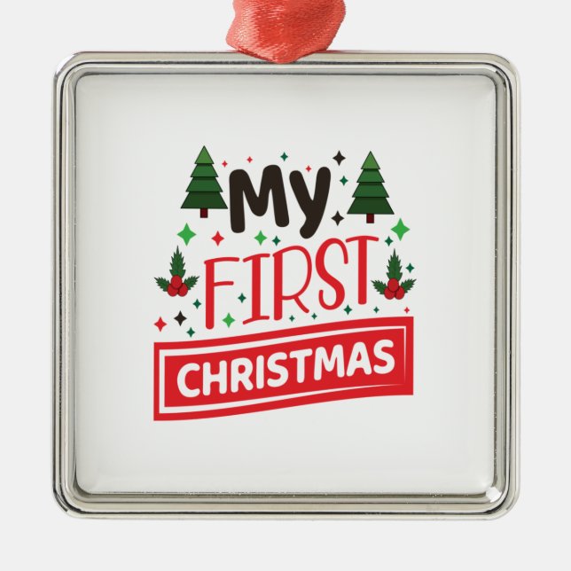 Ornement Carré Argenté Joyeux Noël Mon premier Noël (Devant)