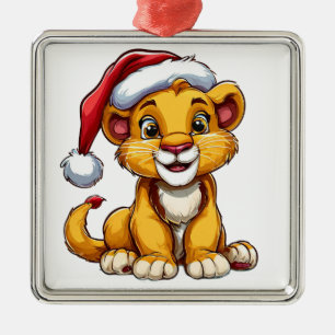 Ornement Carré Argenté 🦁 Joyeux Noël Ourson Lion Mignon Style Maison