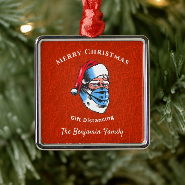 Ornement Carré Argenté Joyeux Noël Père Noël Masque Visage (Arbre)