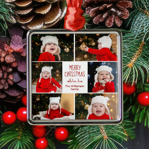 Ornement Carré Argenté Joyeux Noël Photo Collage mignon Personnalisé