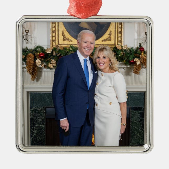 Ornement Carré Argenté Joyeux Noël, Président Joe Biden & Première Dame (Devant)