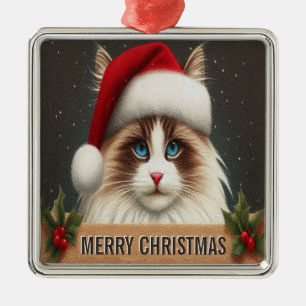 Ornement Carré Argenté Joyeux Noël Ragdoll Chat, Xmas Père Noël Ragdoll