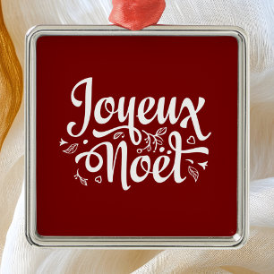 Ornement Carré Argenté Joyeux Noel Rouge