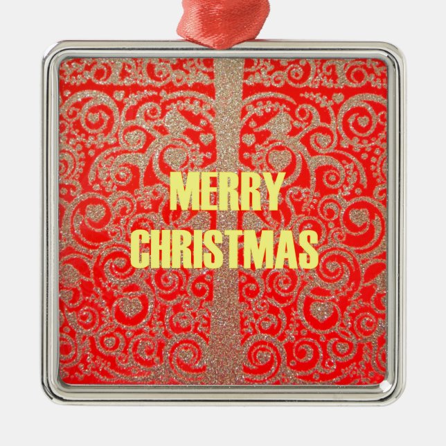 Ornement Carré Argenté Joyeux Noël Rouge et Gold Collection (Devant)