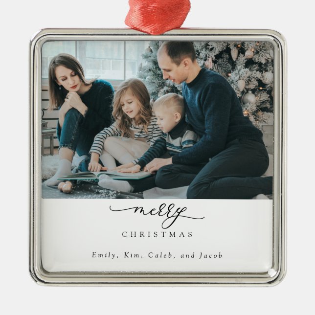 Ornement Carré Argenté Joyeux Noël Script Photo Moderne Chic Minimal (Devant)