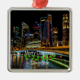 Ornement Carré Argenté Joyeux Noël Singapore Skyline,