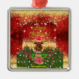Ornement Carré Argenté JOYEUX NOËL! Style Texas LongHorn !