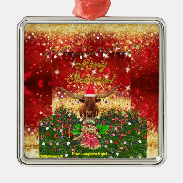 Ornement Carré Argenté JOYEUX NOËL! Style Texas LongHorn ! (Devant)