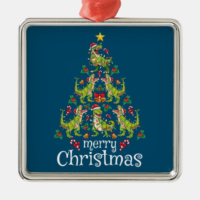 Ornement Carré Argenté Joyeux Noël T Rex Garçons Enfants Arbre de Noël Re (Devant)