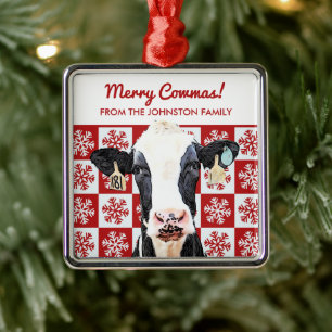 Ornement Carré Argenté Joyeux Noël Vache laitière Holstein Farm Snowflake