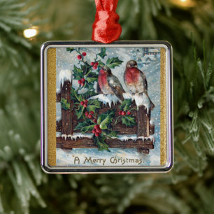 Ornement Carré Argenté Joyeux Noël Vintage Oiseaux et Feuilles de Houx