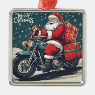 Ornement Carré Argenté Joyeux Noël Vintage Père Noël sur moto