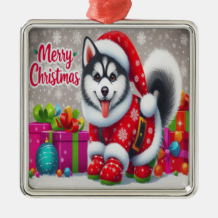 Ornement Carré Argenté Joyeux Noël Whimsical Siberian Husky Chien Xmas