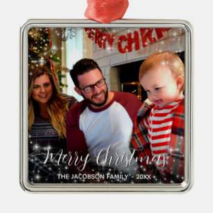 Ornement Carré Argenté Joyeux Noël Whimsical Sparkings Photo de vacances